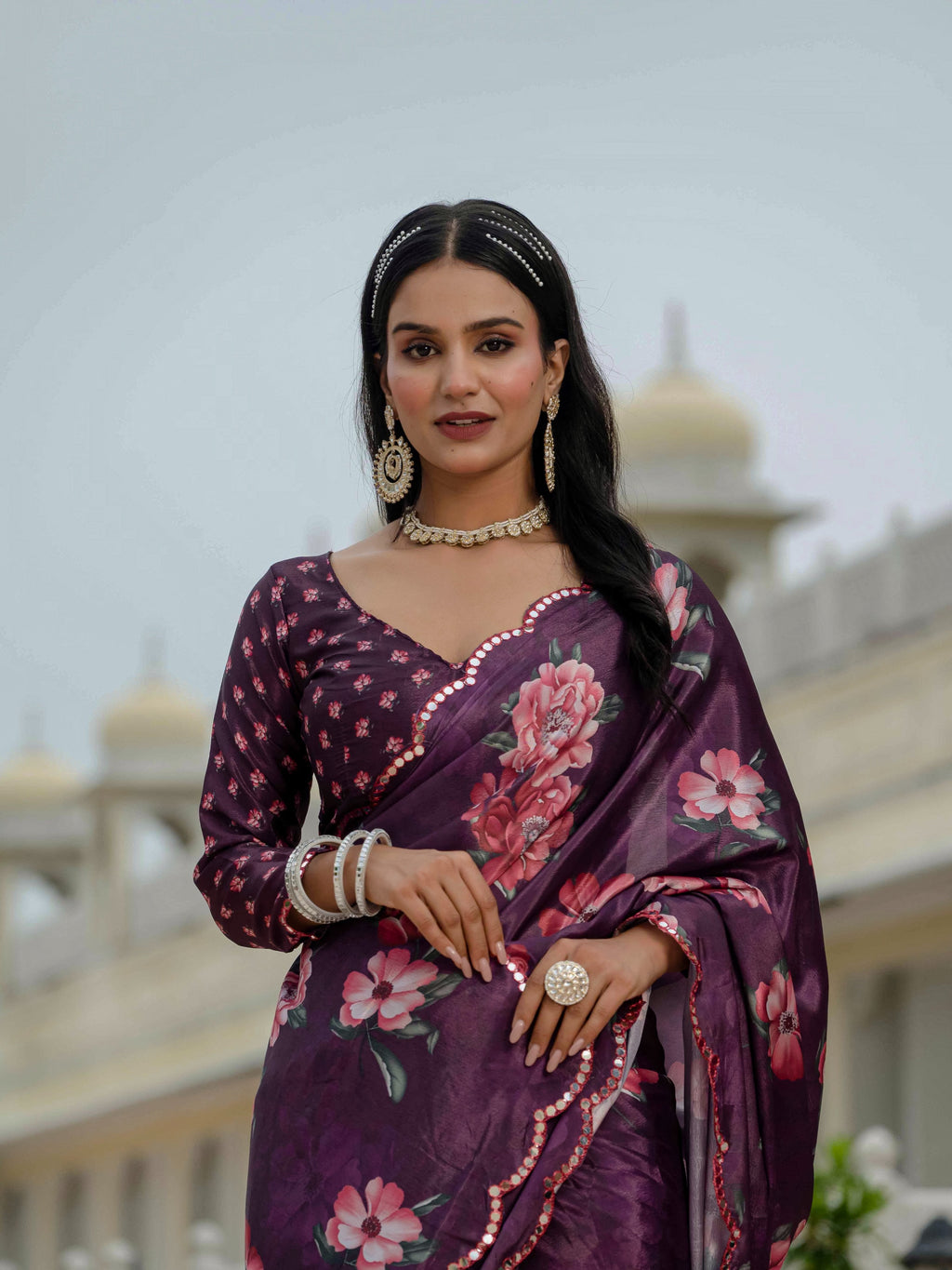Jyoti Fashion Women's Wine Chinon Digital Print with Mirror Saree with Blouse | Grocsy