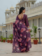 Jyoti Fashion Women's Wine Chinon Digital Print with Mirror Saree with Blouse | Grocsy