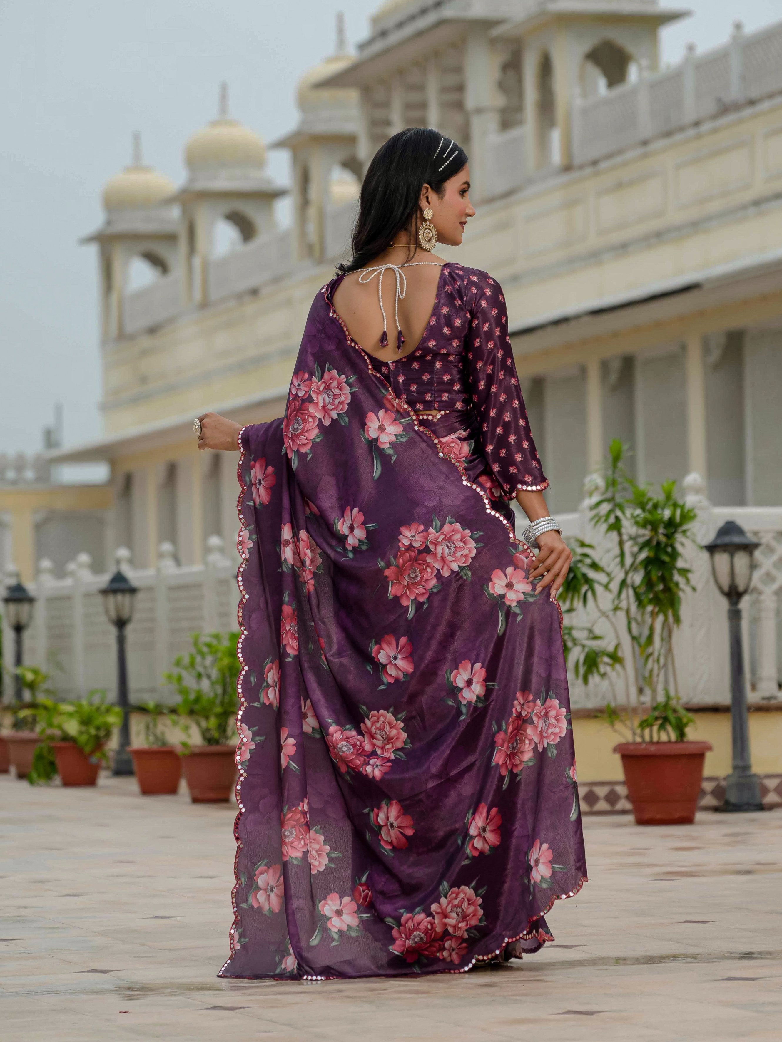 Jyoti Fashion Women's Wine Chinon Digital Print with Mirror Saree with Blouse | Grocsy