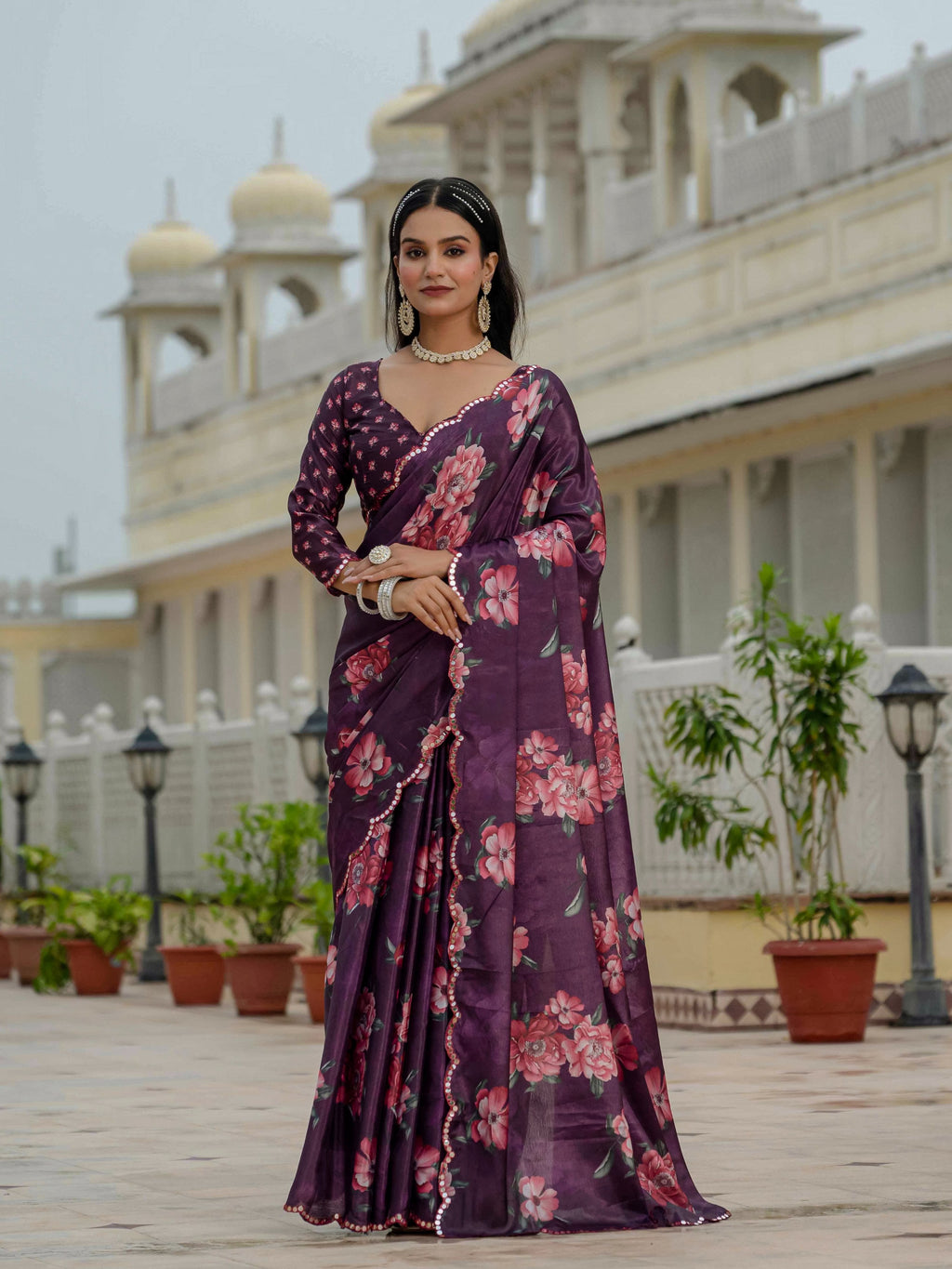 Jyoti Fashion Women's Wine Chinon Digital Print with Mirror Saree with Blouse | Grocsy