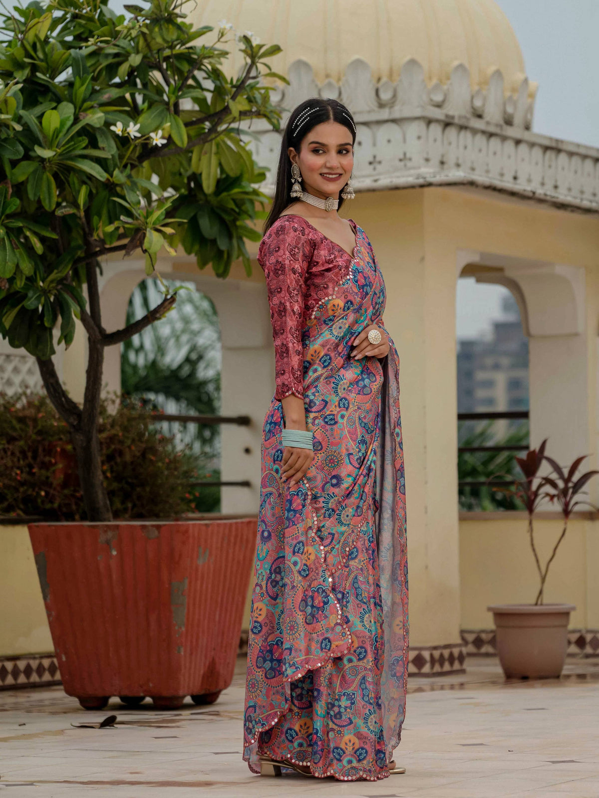Jyoti Fashion Women's Multicolor Chinon Digital Print with Mirror Saree with Blouse | Grocsy