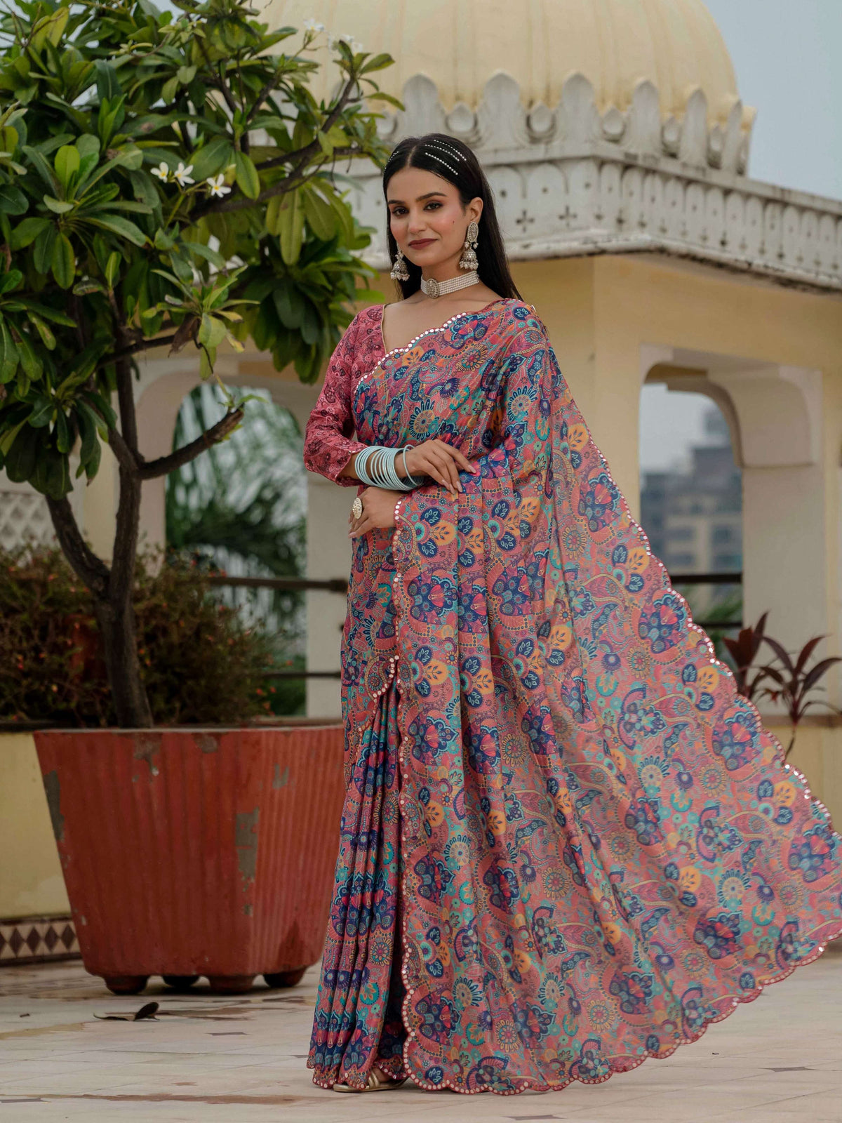 Jyoti Fashion Women's Multicolor Chinon Digital Print with Mirror Saree with Blouse | Grocsy