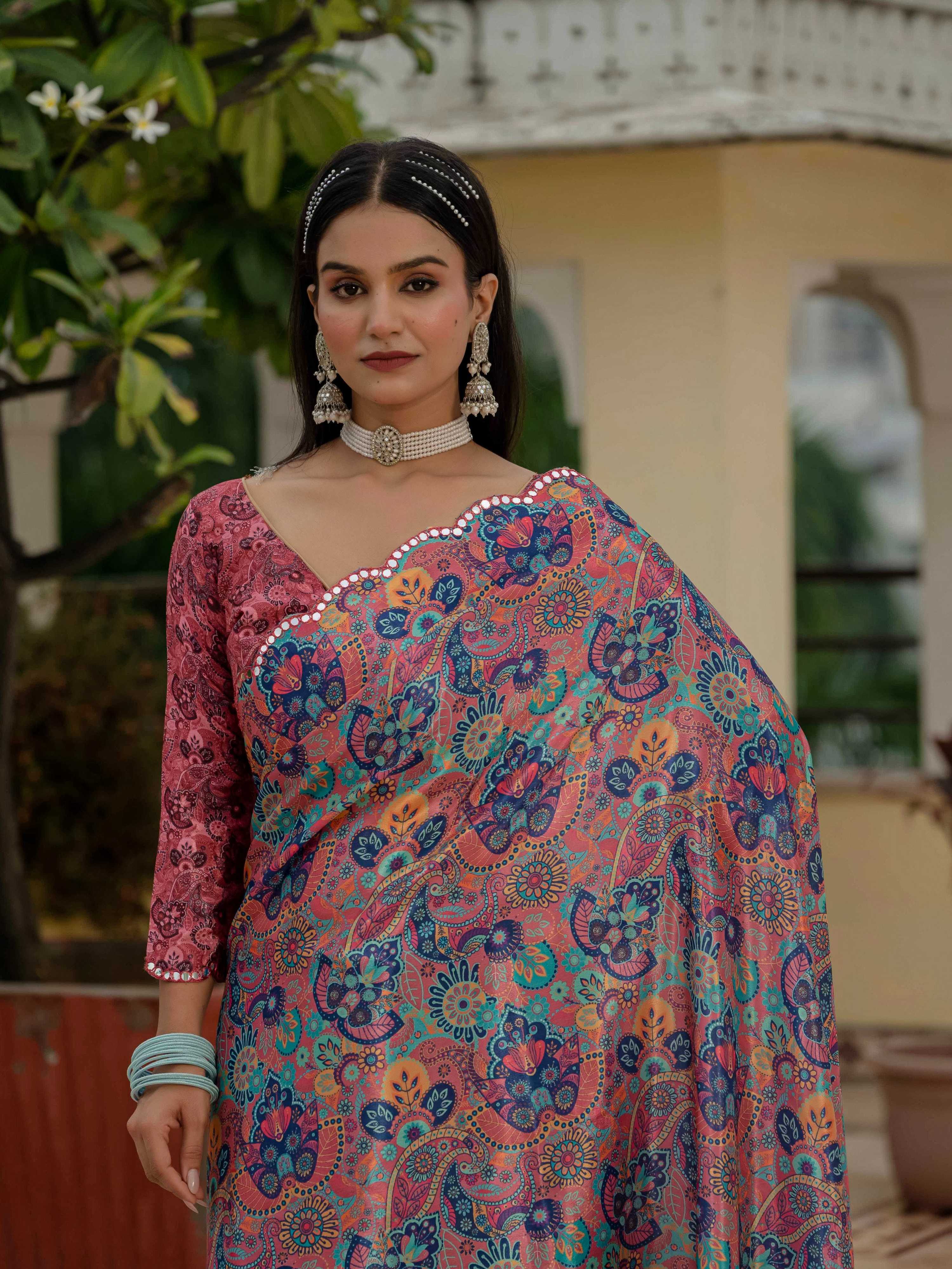Jyoti Fashion Women's Multicolor Chinon Digital Print with Mirror Saree with Blouse | Grocsy