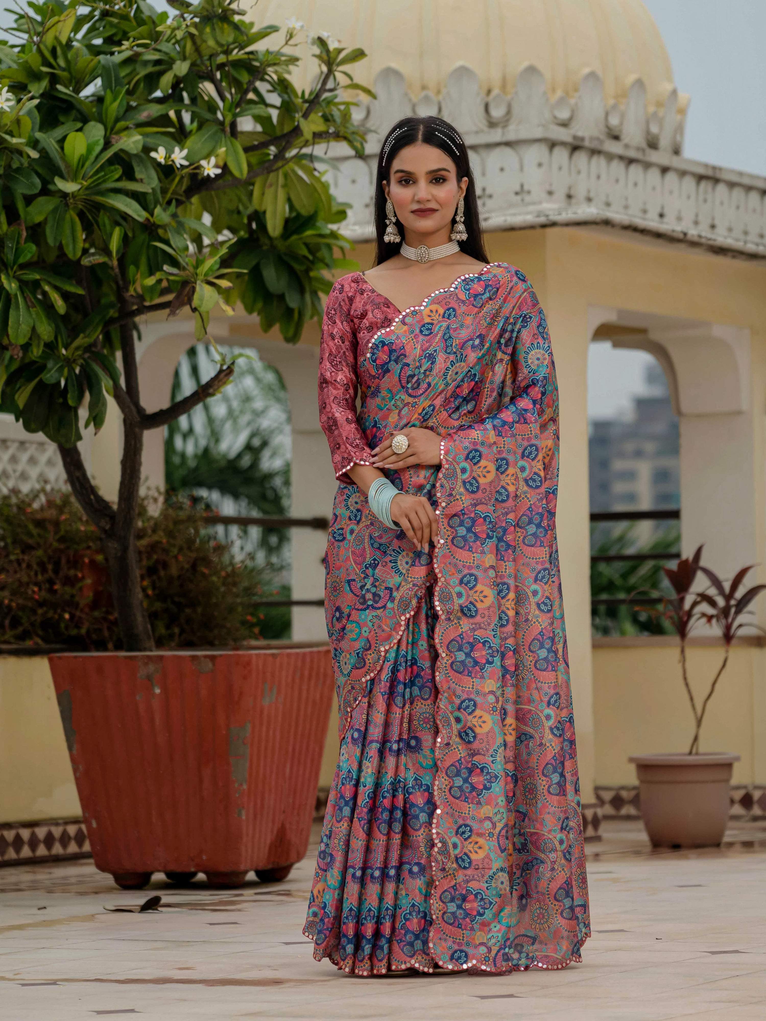 Jyoti Fashion Women's Multicolor Chinon Digital Print with Mirror Saree with Blouse | Grocsy