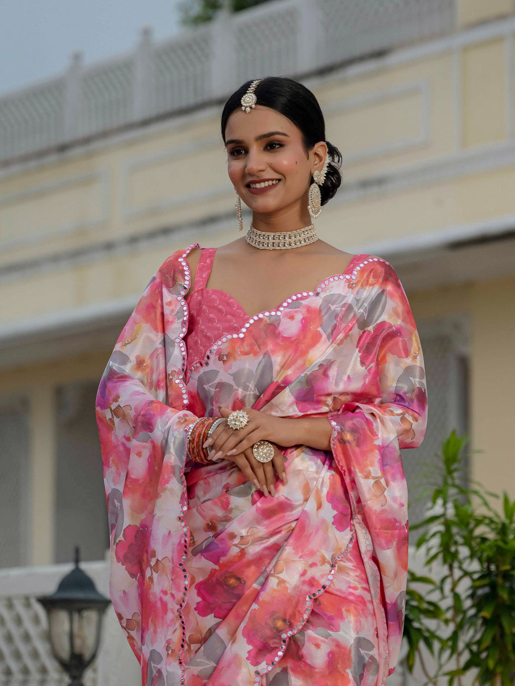 Jyoti Fashion Women's Pink Chinon Digital Print with Mirror Saree with Blouse | Grocsy