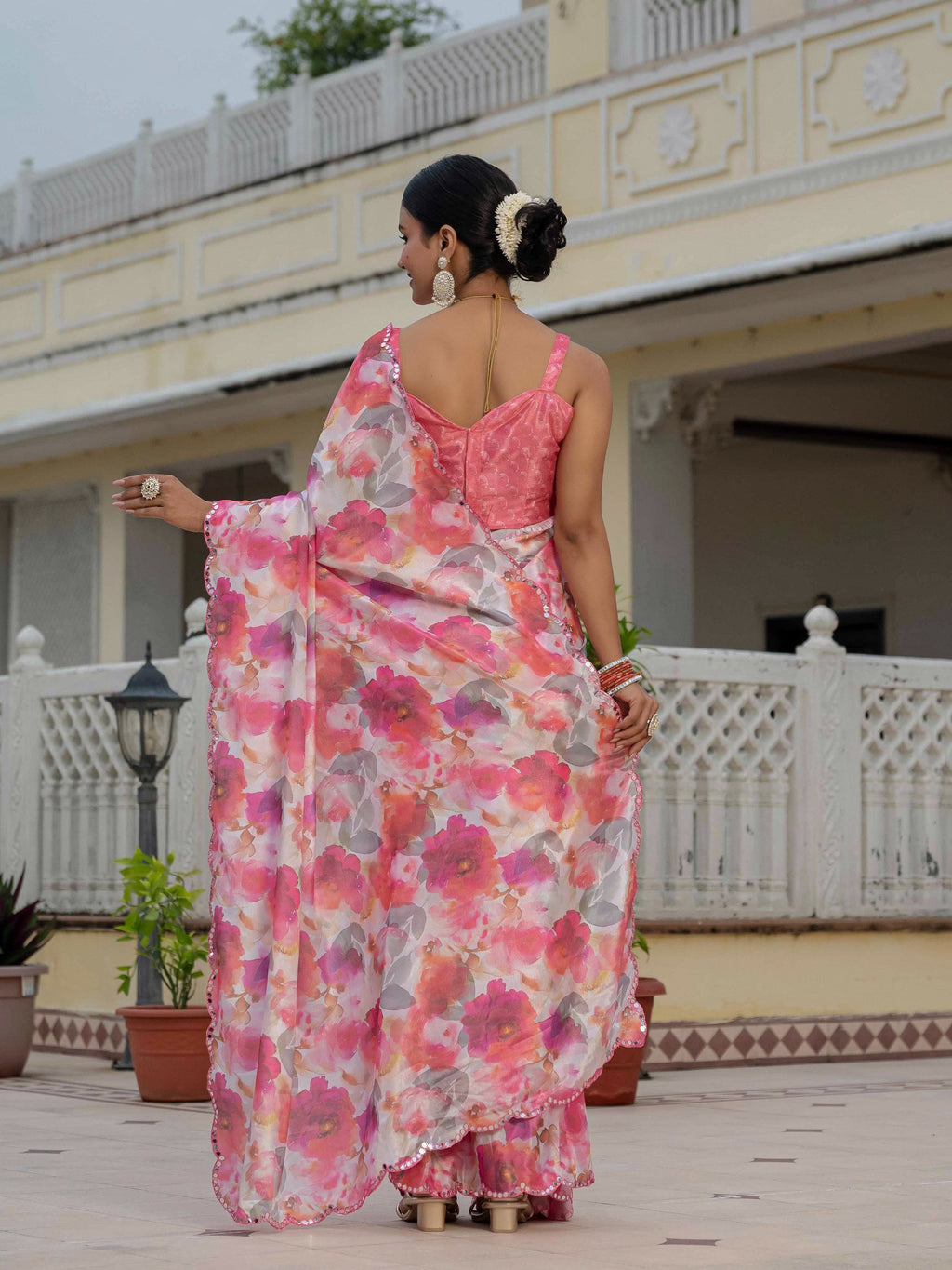 Jyoti Fashion Women's Pink Chinon Digital Print with Mirror Saree with Blouse | Grocsy