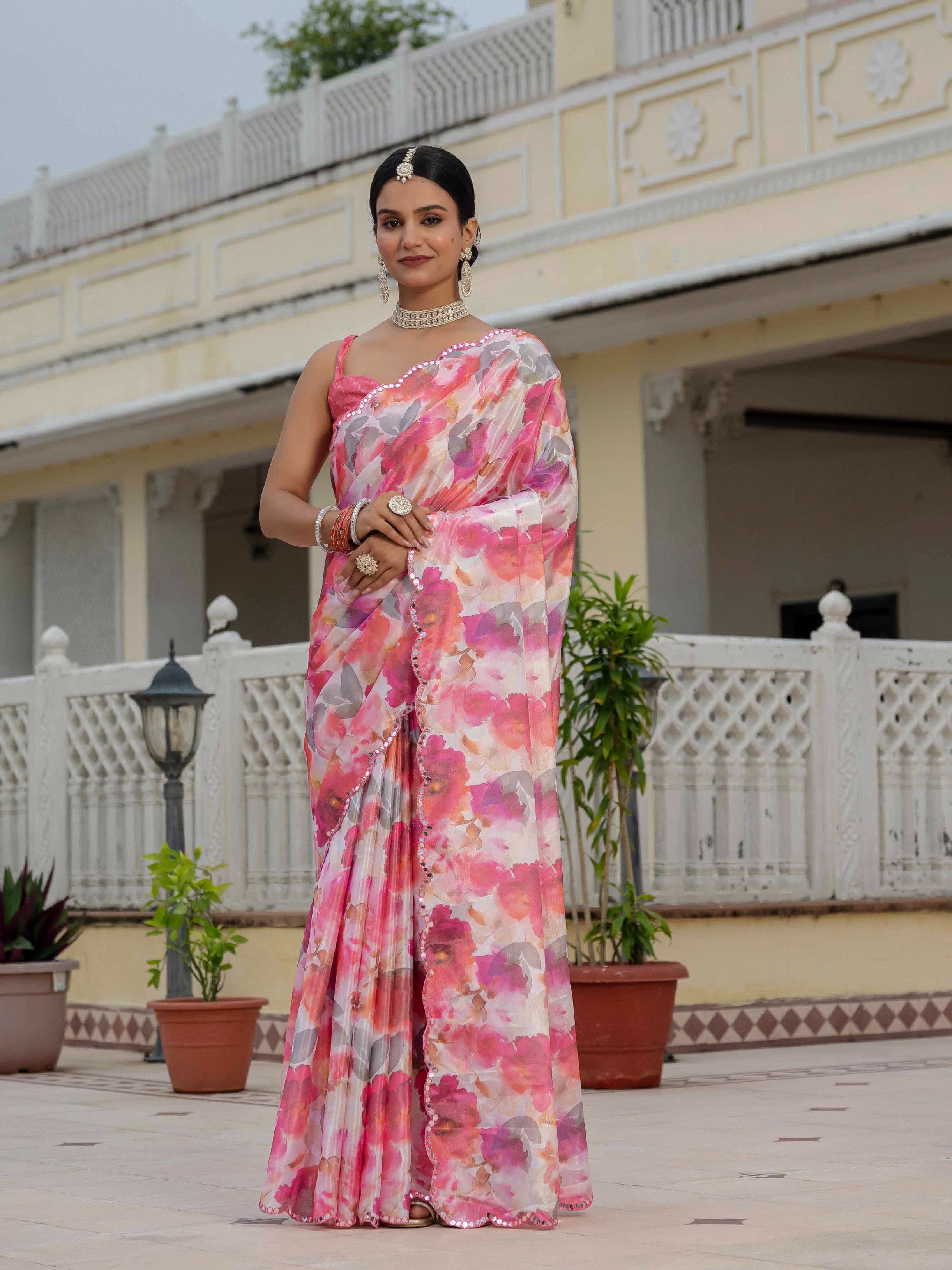 Jyoti Fashion Women's Pink Chinon Digital Print with Mirror Saree with Blouse | Grocsy