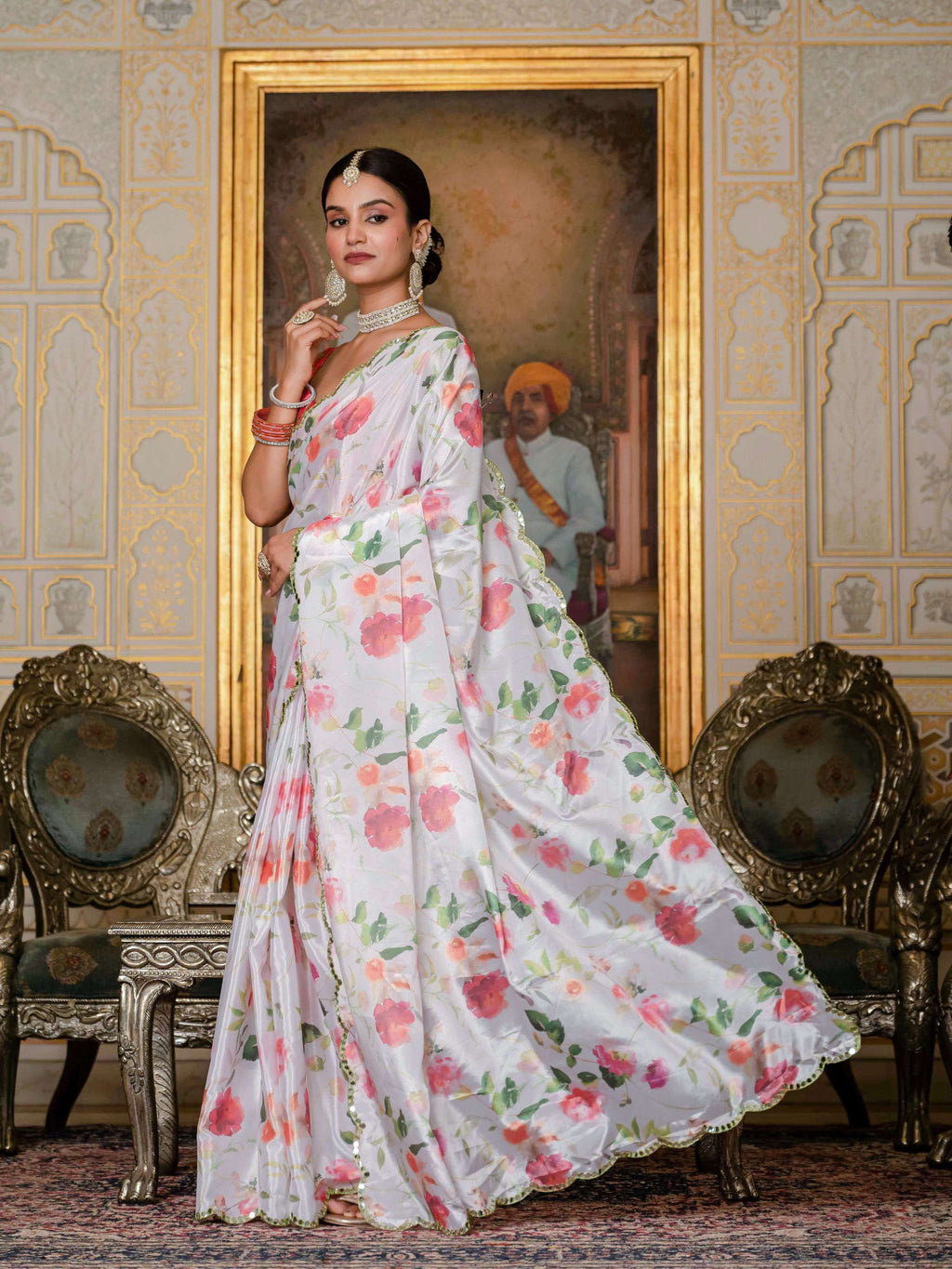 Jyoti Fashion Women's White Chinon Digital Print with Mirror Saree with Blouse | Grocsy