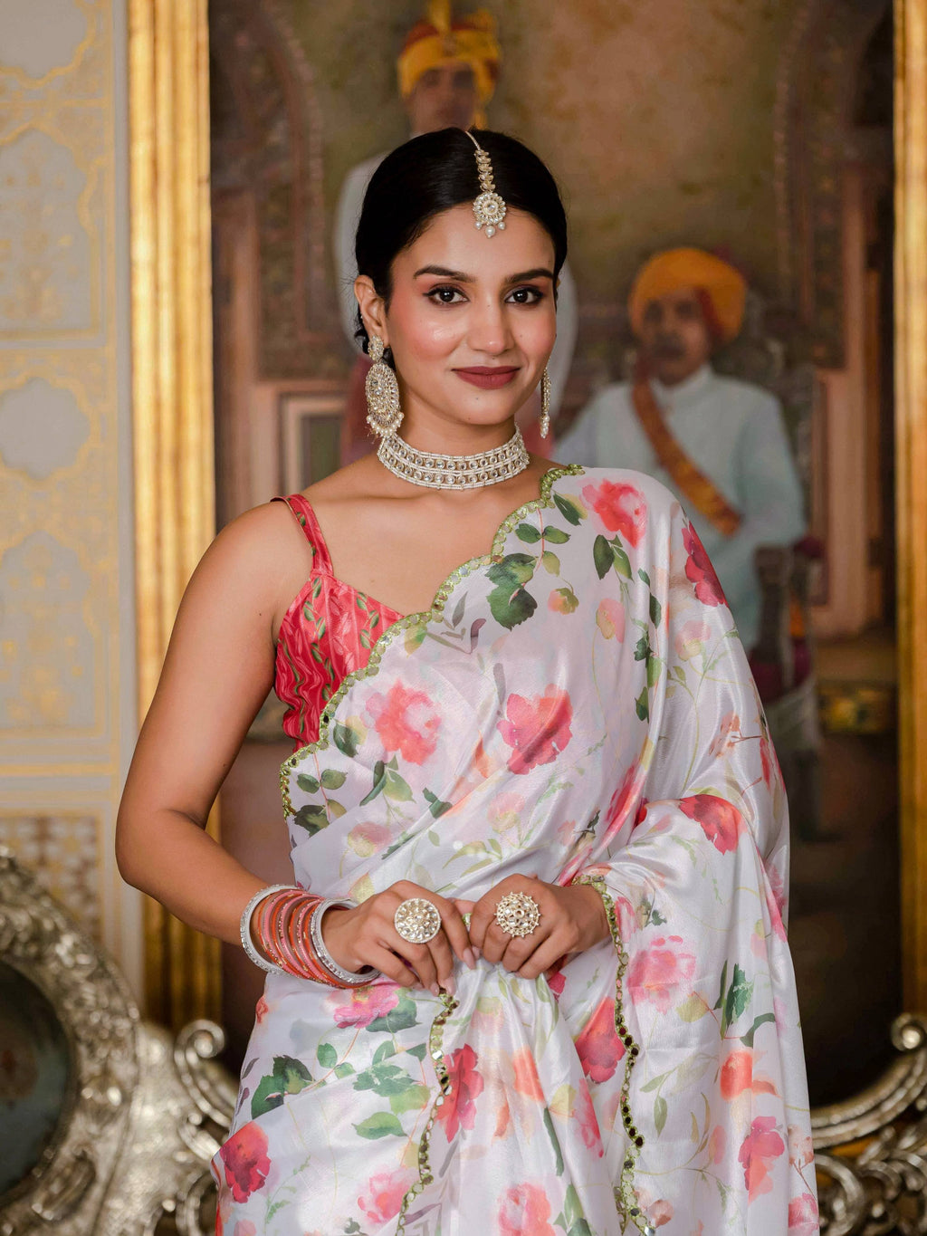 Jyoti Fashion Women's White Chinon Digital Print with Mirror Saree with Blouse | Grocsy