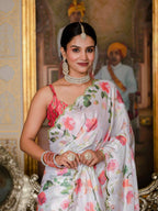 Jyoti Fashion Women's White Chinon Digital Print with Mirror Saree with Blouse | Grocsy
