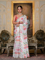 Jyoti Fashion Women's White Chinon Digital Print with Mirror Saree with Blouse | Grocsy