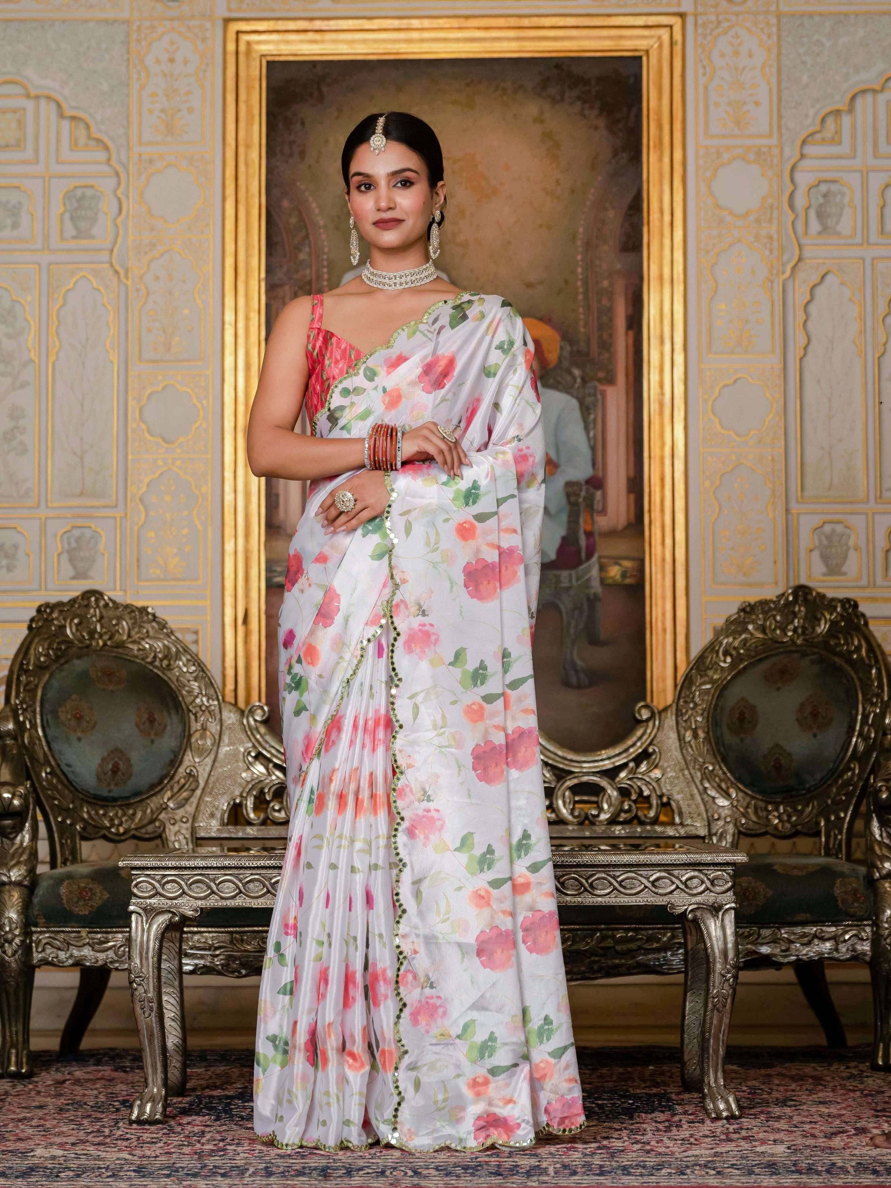 Jyoti Fashion Women's White Chinon Digital Print with Mirror Saree with Blouse | Grocsy