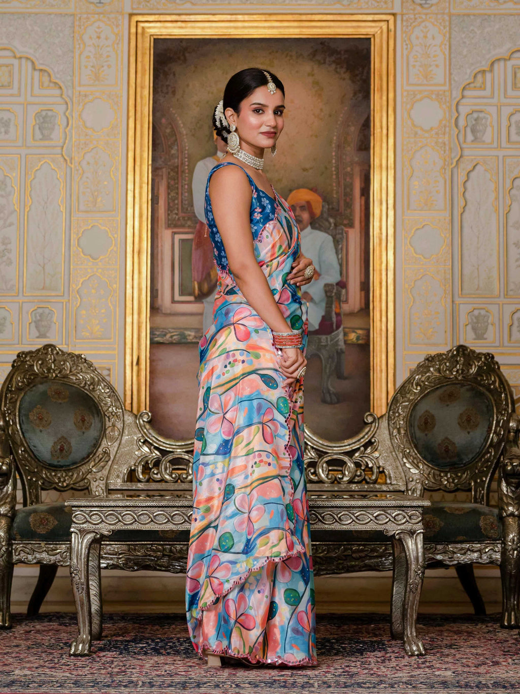 Jyoti Fashion Women's Multicolor Chinon Digital Print with Mirror Saree with Blouse | Grocsy