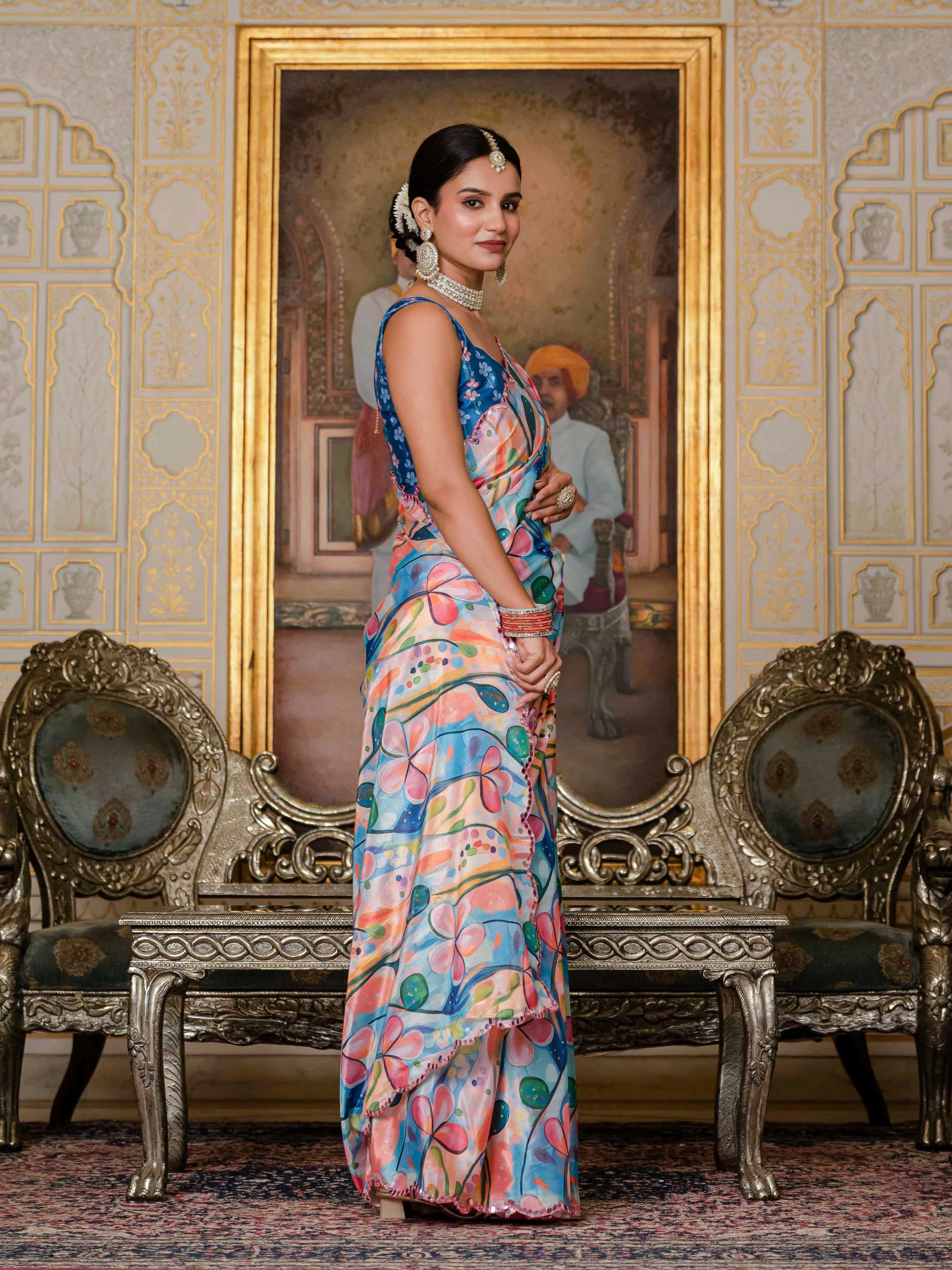 Jyoti Fashion Women's Multicolor Chinon Digital Print with Mirror Saree with Blouse | Grocsy