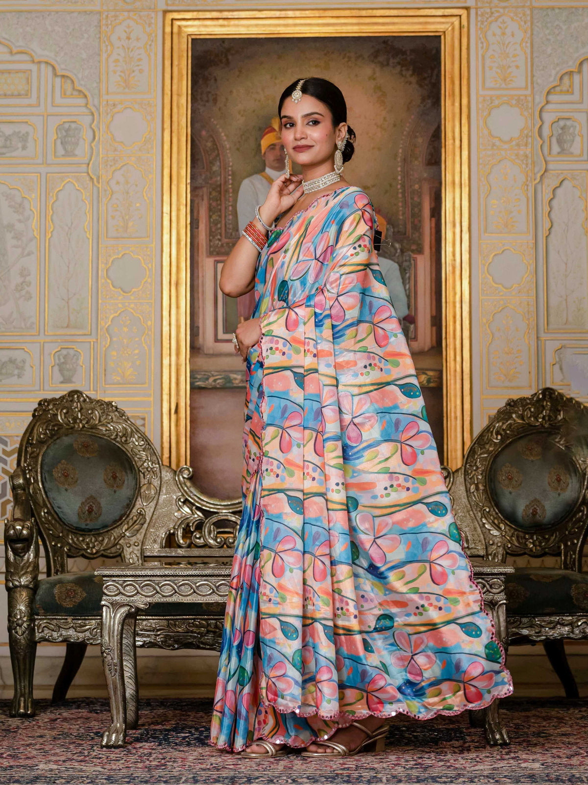 Jyoti Fashion Women's Multicolor Chinon Digital Print with Mirror Saree with Blouse | Grocsy