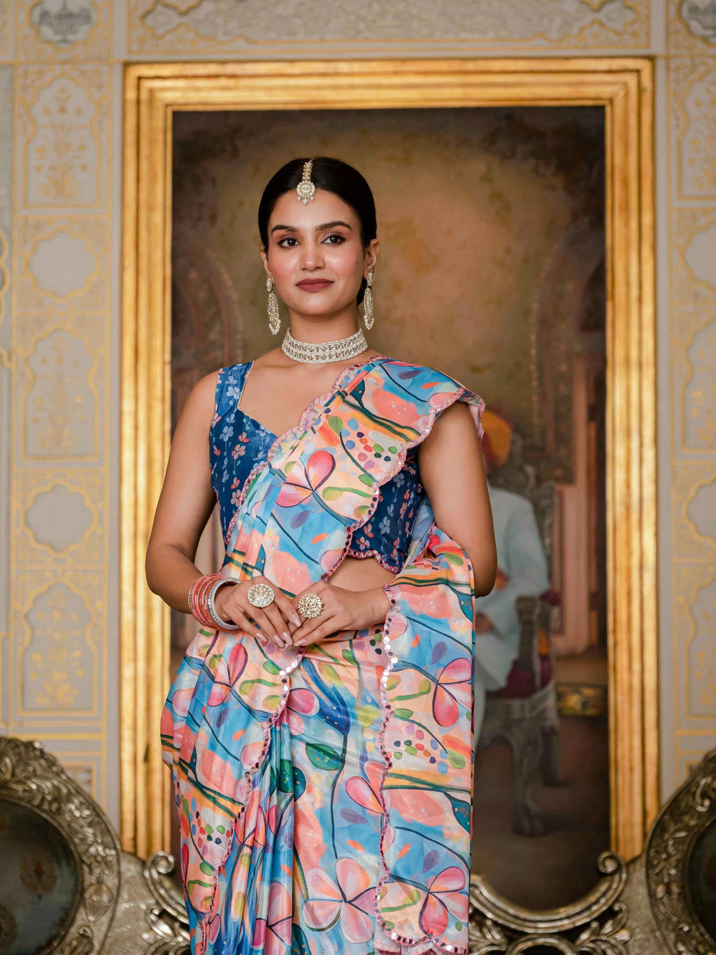Jyoti Fashion Women's Multicolor Chinon Digital Print with Mirror Saree with Blouse | Grocsy