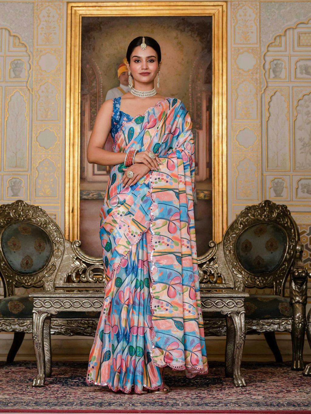 Jyoti Fashion Women's Multicolor Chinon Digital Print with Mirror Saree with Blouse | Grocsy