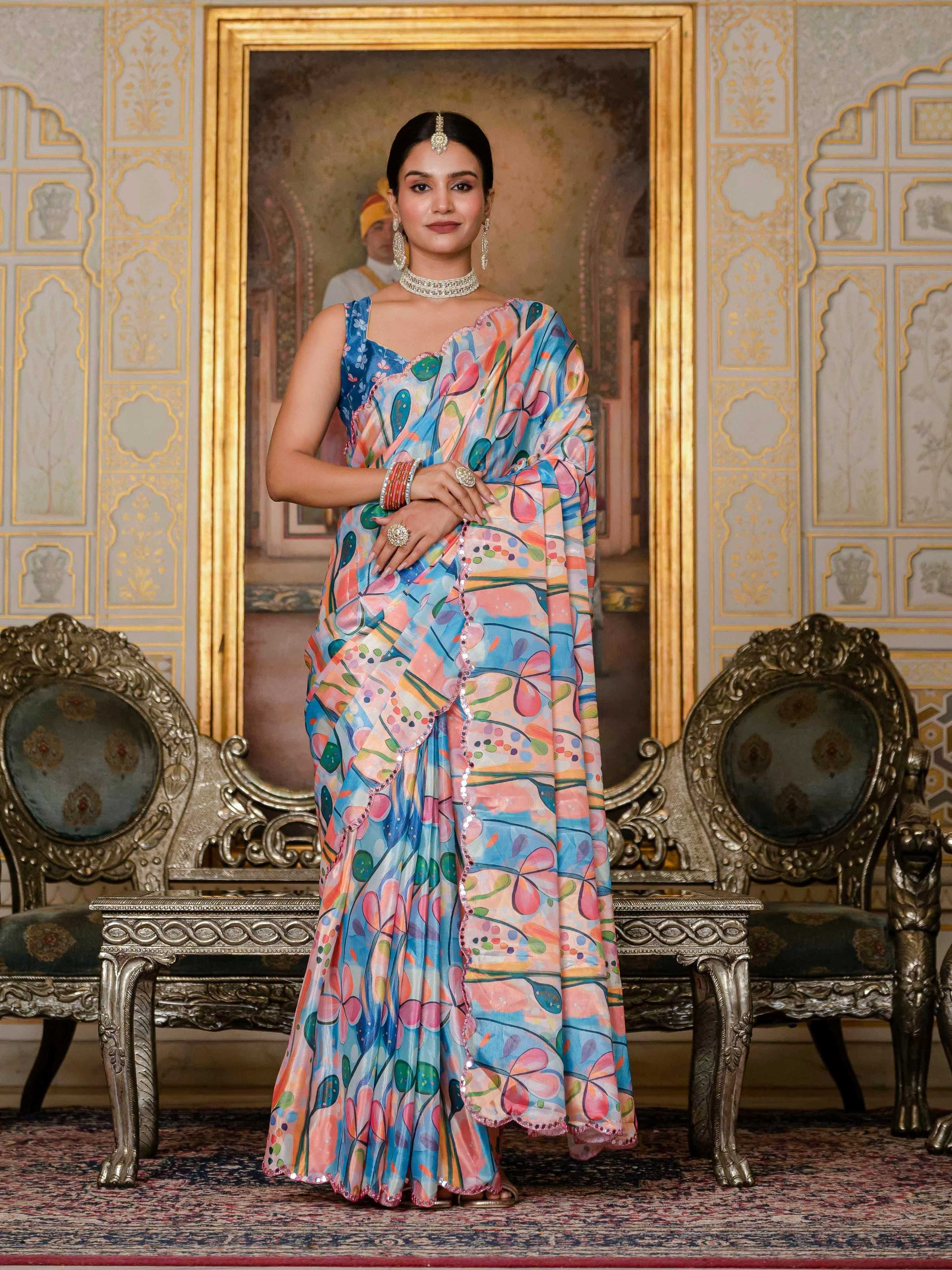 Jyoti Fashion Women's Multicolor Chinon Digital Print with Mirror Saree with Blouse | Grocsy
