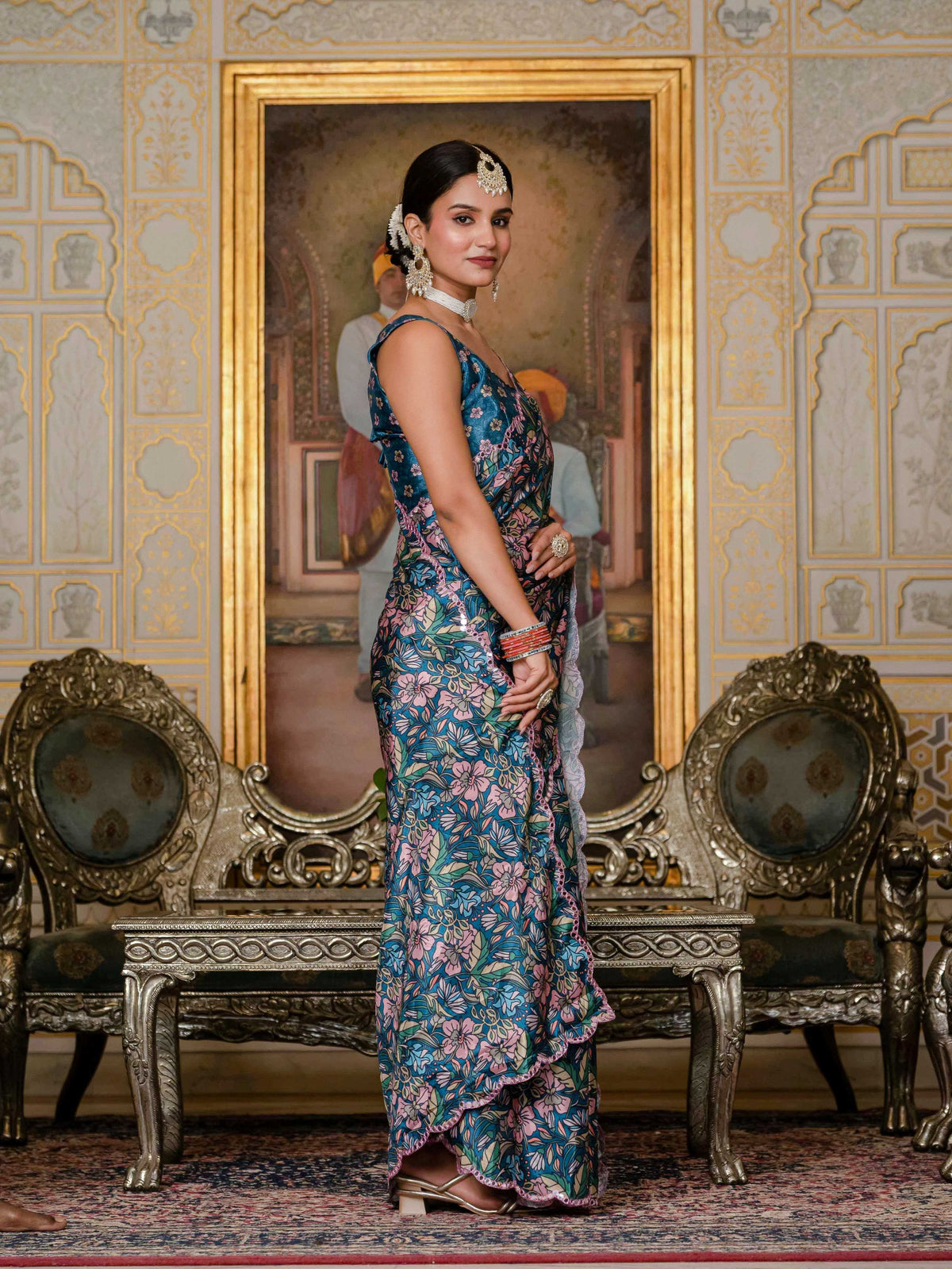 Jyoti Fashion Women's Morpich Chinon Digital Print with Mirror Saree with Blouse | Grocsy