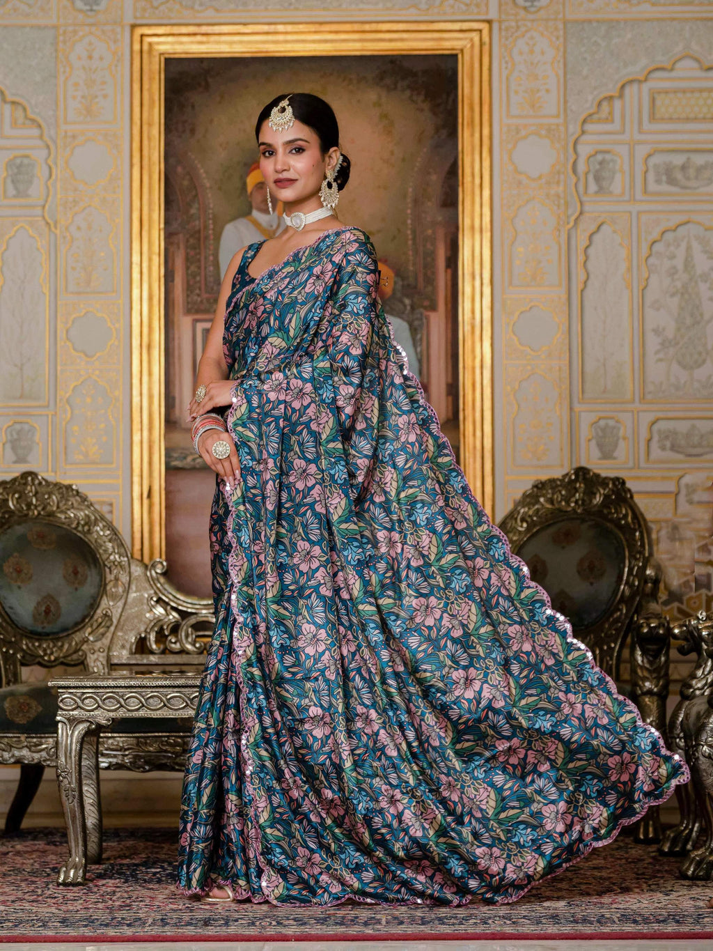 Jyoti Fashion Women's Morpich Chinon Digital Print with Mirror Saree with Blouse | Grocsy