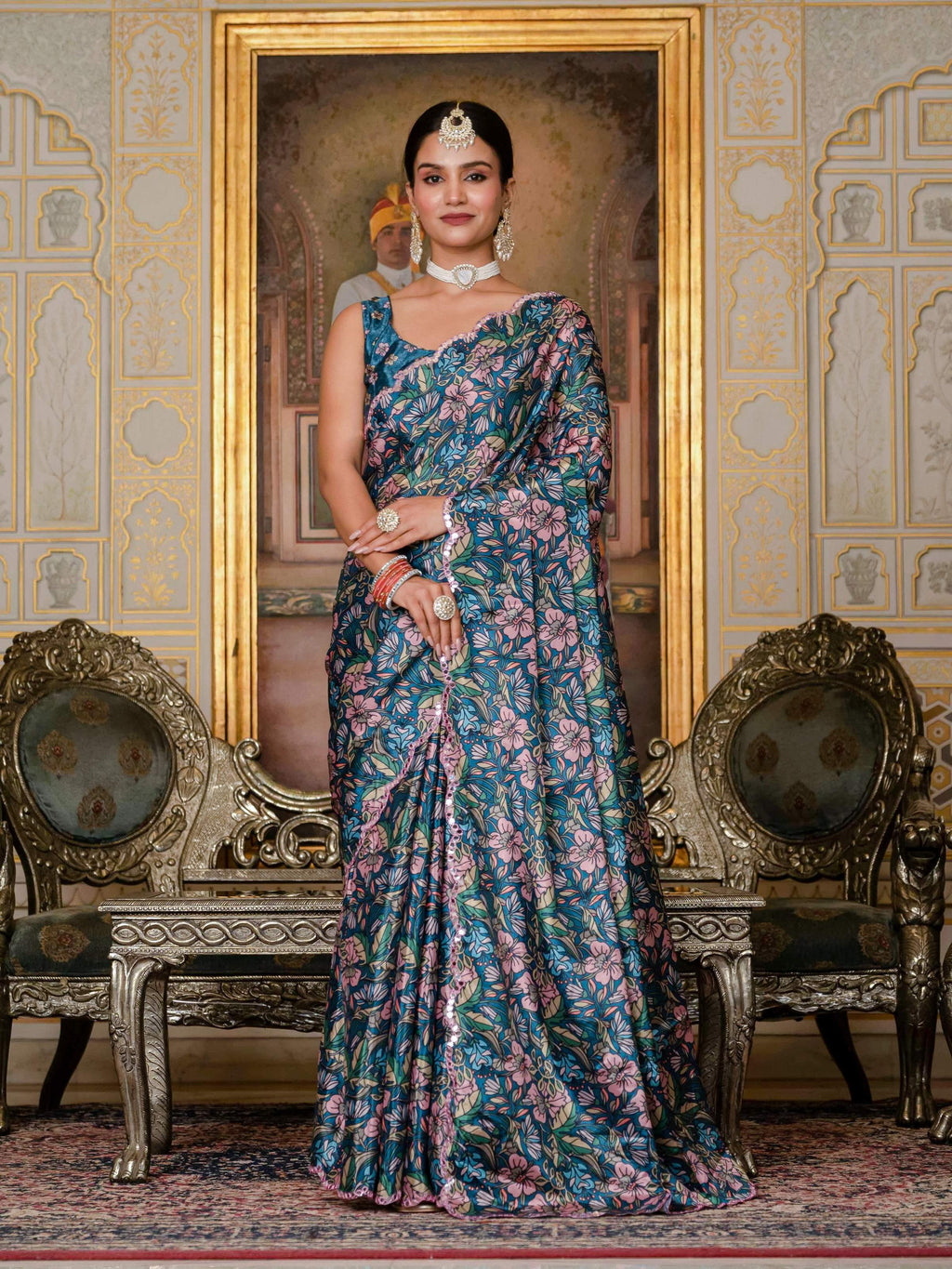 Jyoti Fashion Women's Morpich Chinon Digital Print with Mirror Saree with Blouse | Grocsy