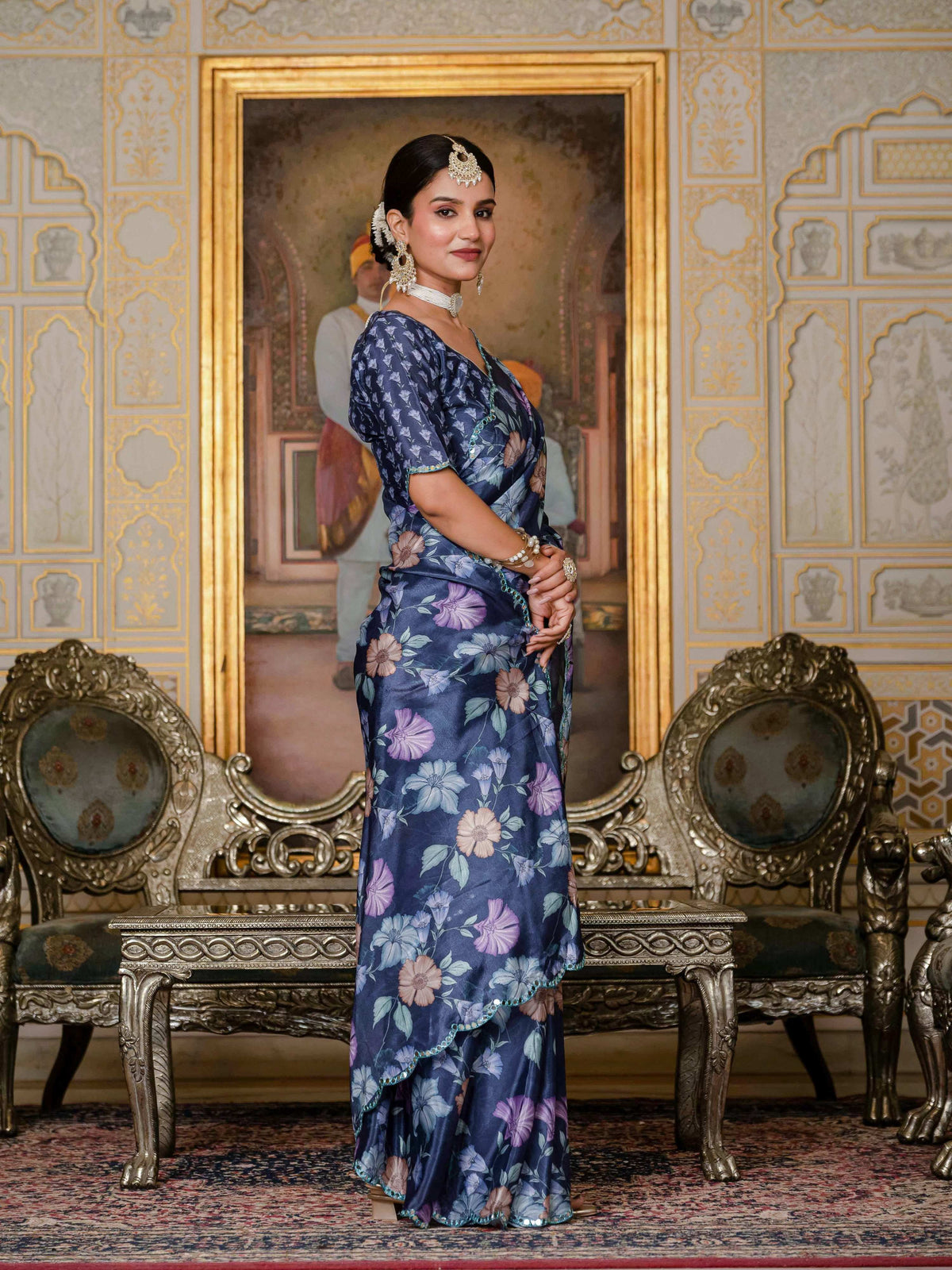 Jyoti Fashion Women's Navy Blue Chinon Digital Print with Mirror Saree with Blouse | Grocsy