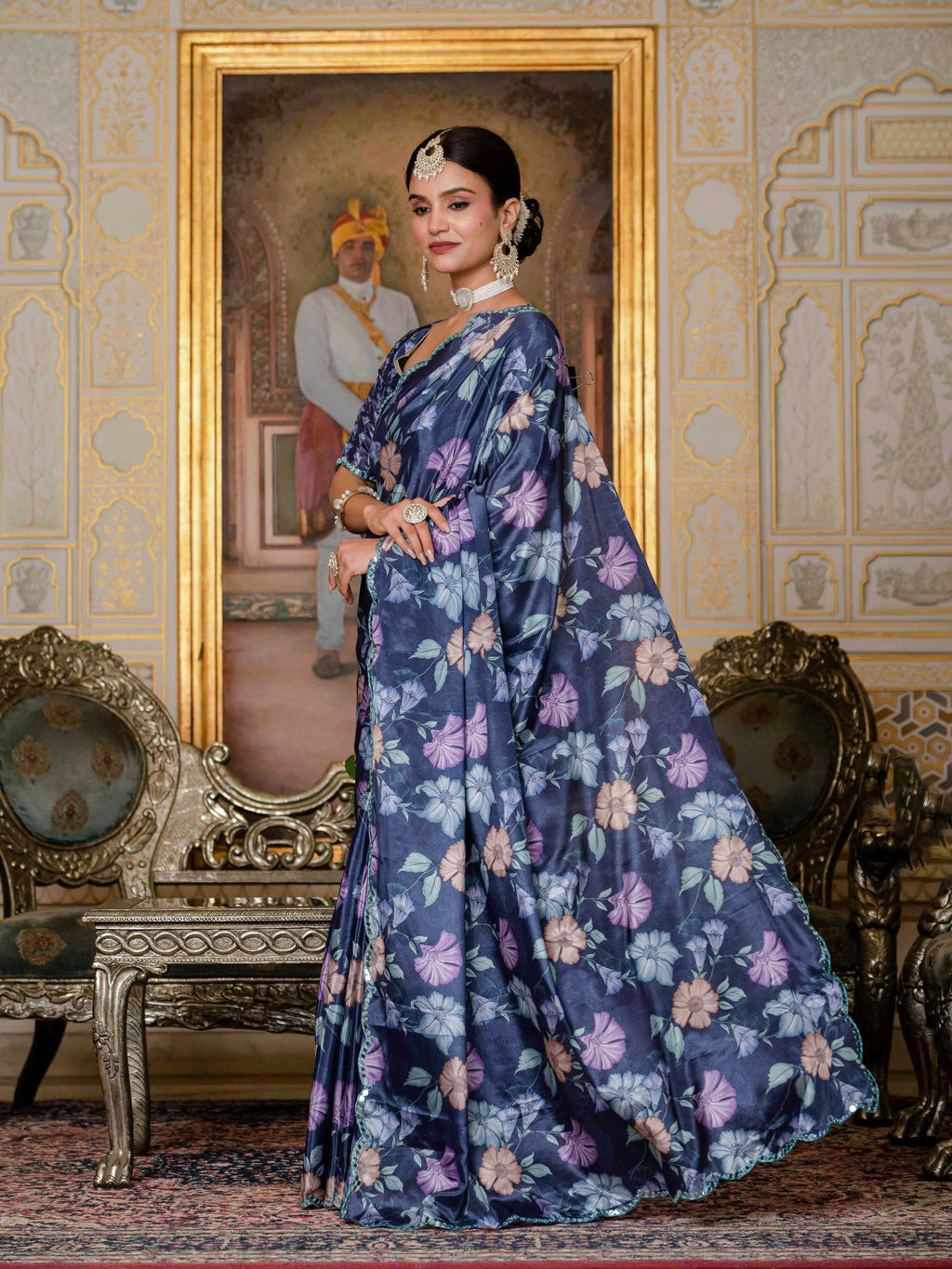 Jyoti Fashion Women's Navy Blue Chinon Digital Print with Mirror Saree with Blouse | Grocsy