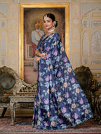 Jyoti Fashion Women's Navy Blue Chinon Digital Print with Mirror Saree with Blouse | Grocsy