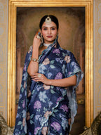 Jyoti Fashion Women's Navy Blue Chinon Digital Print with Mirror Saree with Blouse | Grocsy