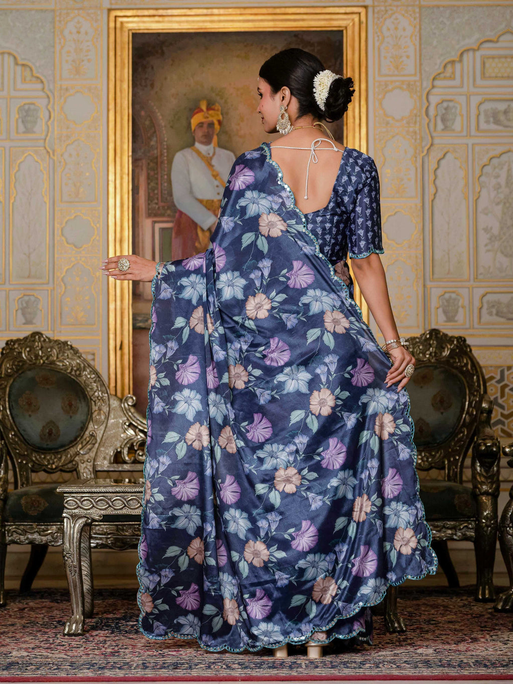 Jyoti Fashion Women's Navy Blue Chinon Digital Print with Mirror Saree with Blouse | Grocsy