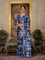 Jyoti Fashion Women's Navy Blue Chinon Digital Print with Mirror Saree with Blouse | Grocsy