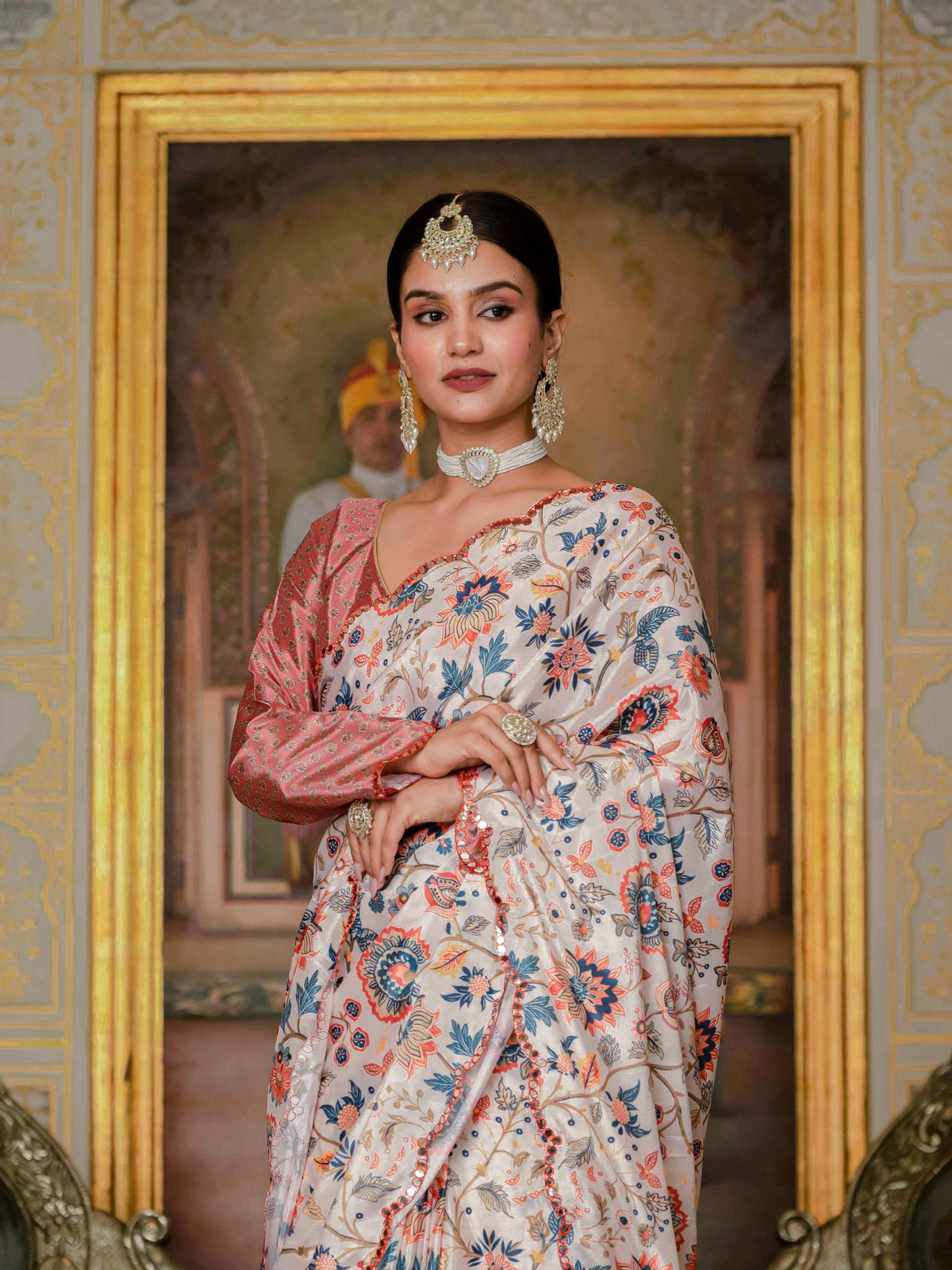 Jyoti Fashion Women's Multicolor Chinon Digital Print with Mirror Saree with Blouse | Grocsy
