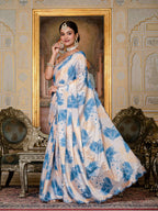 Jyoti Fashion Women's Blue Chinon Digital Print with Mirror Saree with Blouse | Grocsy