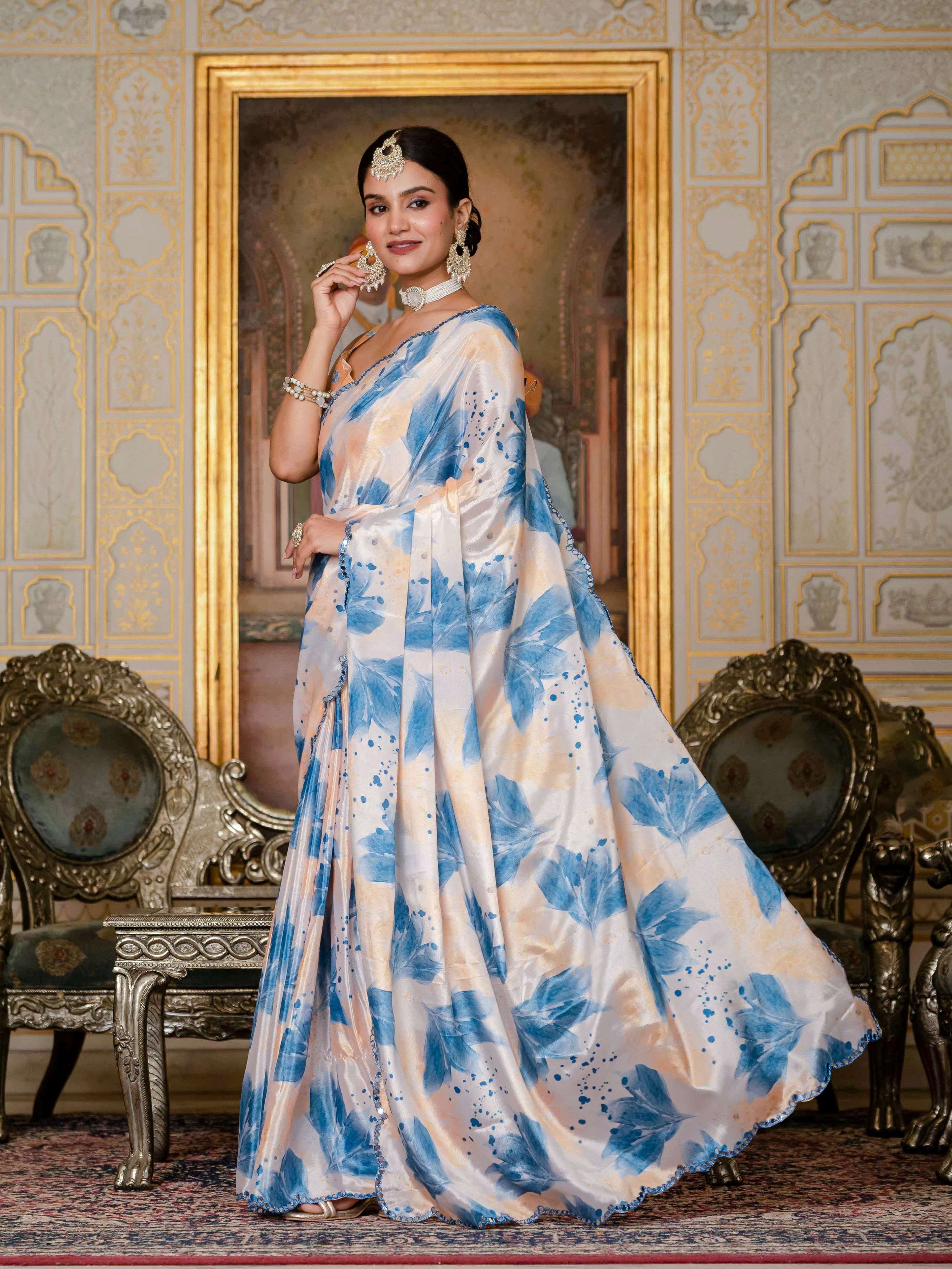 Jyoti Fashion Women's Blue Chinon Digital Print with Mirror Saree with Blouse | Grocsy