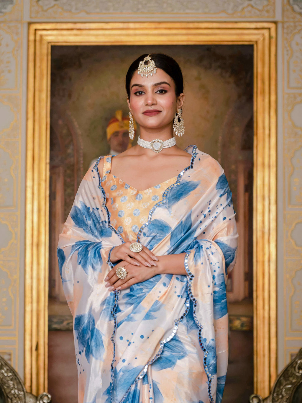Jyoti Fashion Women's Blue Chinon Digital Print with Mirror Saree with Blouse | Grocsy