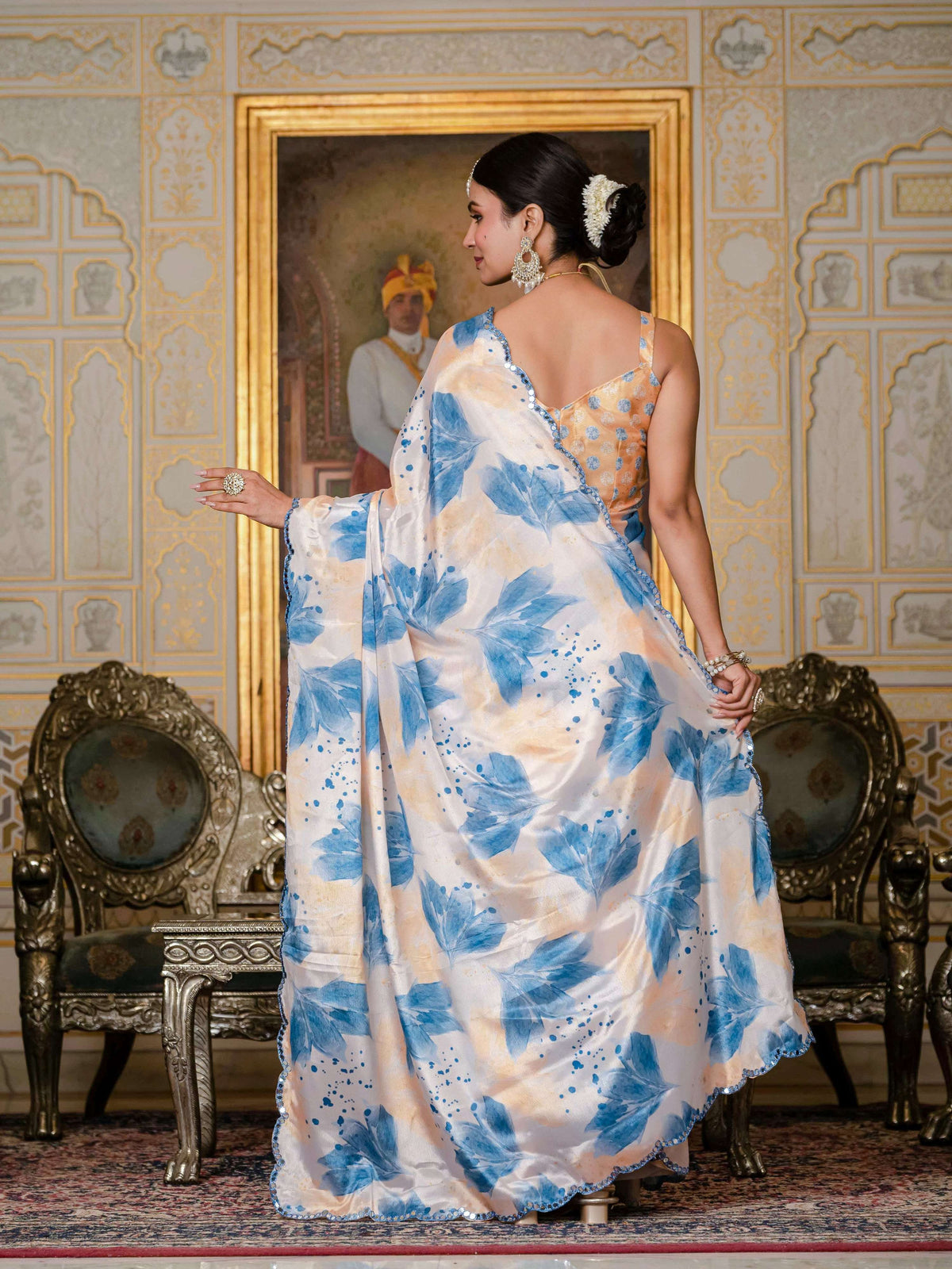 Jyoti Fashion Women's Blue Chinon Digital Print with Mirror Saree with Blouse | Grocsy