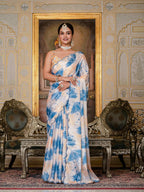 Jyoti Fashion Women's Blue Chinon Digital Print with Mirror Saree with Blouse | Grocsy