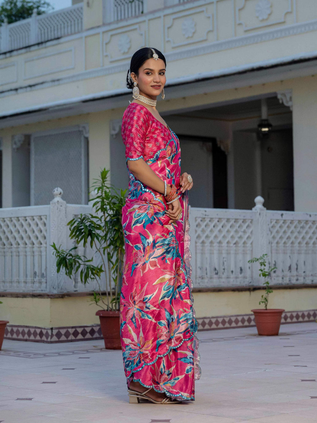 Jyoti Fashion Women's Rani Pink Chinon Digital Print with Mirror Saree with Blouse | Grocsy