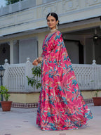 Jyoti Fashion Women's Rani Pink Chinon Digital Print with Mirror Saree with Blouse | Grocsy