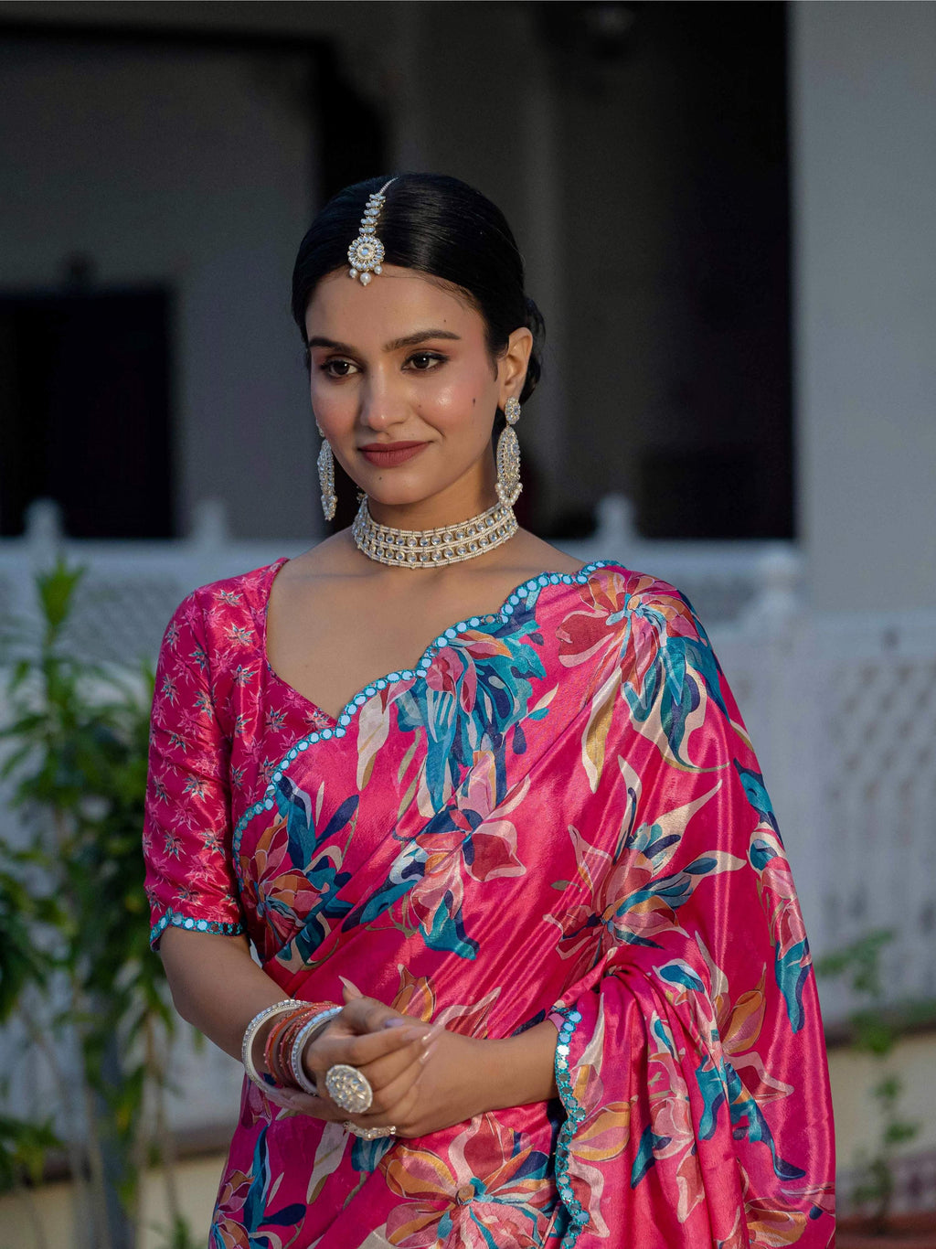 Jyoti Fashion Women's Rani Pink Chinon Digital Print with Mirror Saree with Blouse | Grocsy