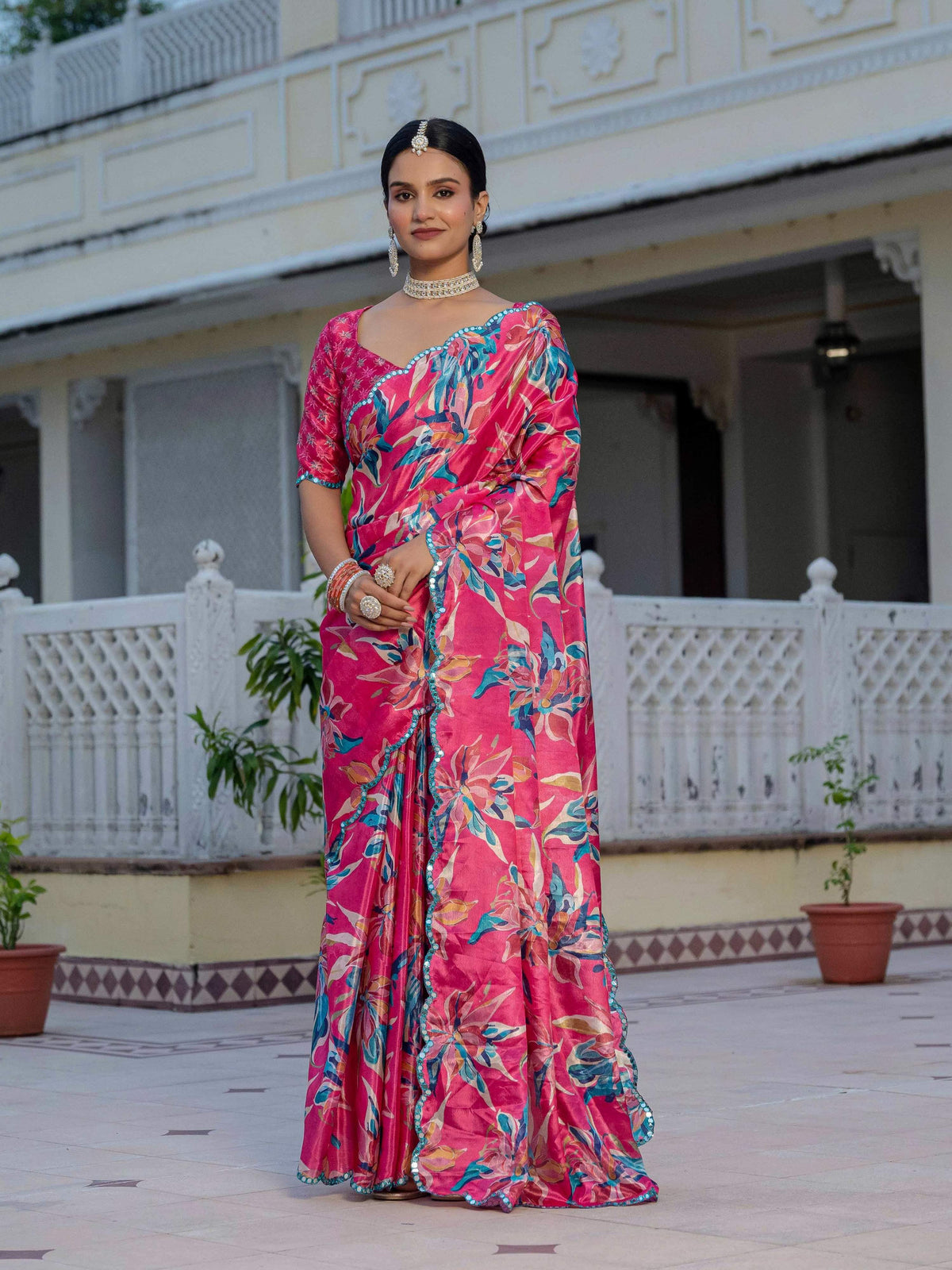 Jyoti Fashion Women's Rani Pink Chinon Digital Print with Mirror Saree with Blouse | Grocsy