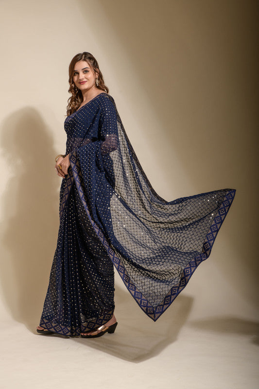 Jyoti Fashion Women's Navy Blue Sequence Embroidery Georgette Saree with Blouse | Grocsy