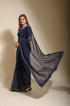 Jyoti Fashion Women's Navy Blue Sequence Embroidery Georgette Saree with Blouse | Grocsy