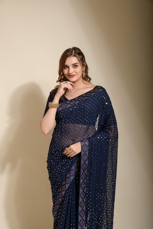 Jyoti Fashion Women's Navy Blue Sequence Embroidery Georgette Saree with Blouse | Grocsy
