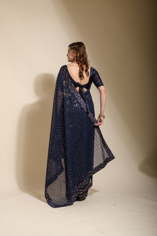 Jyoti Fashion Women's Navy Blue Sequence Embroidery Georgette Saree with Blouse | Grocsy