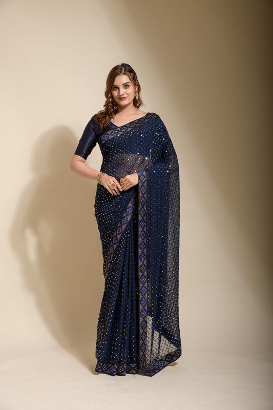Jyoti Fashion Women's Navy Blue Sequence Embroidery Georgette Saree with Blouse | Grocsy