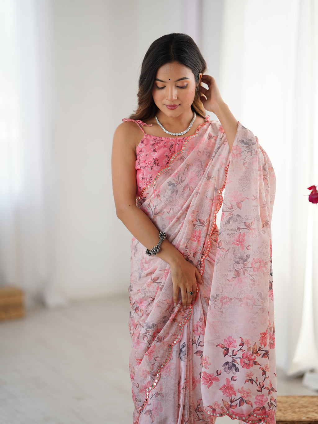 Jyoti Fashion Women's Pink Chinon Digital Printed Designer Saree with Blouse | Grocsy