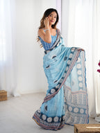 Jyoti Fashion Women's Sky Blue Chinon Digital Printed Designer Saree with Blouse | Grocsy