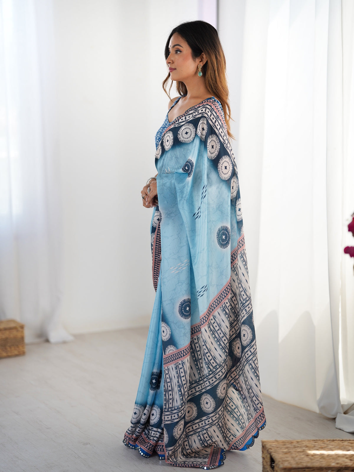 Jyoti Fashion Women's Sky Blue Chinon Digital Printed Designer Saree with Blouse | Grocsy