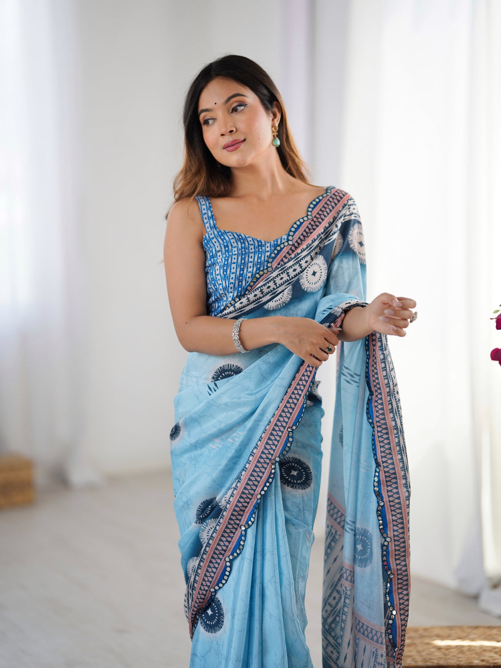 Jyoti Fashion Women's Sky Blue Chinon Digital Printed Designer Saree with Blouse | Grocsy
